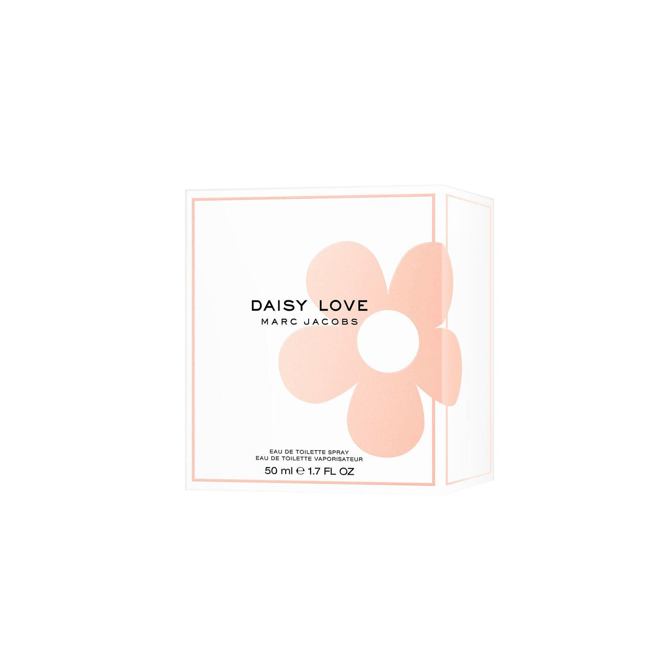 Weiße Verpackung mit rosa Blüte. Aufschrift: Daisy Love. Text: Eau de Toilette Spray.