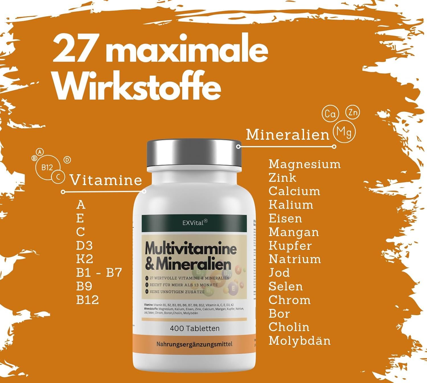 EXVital® Multivitamin & Mineralien Tabletten, 27 Wirkstoffe, 13 Monate Vorrat