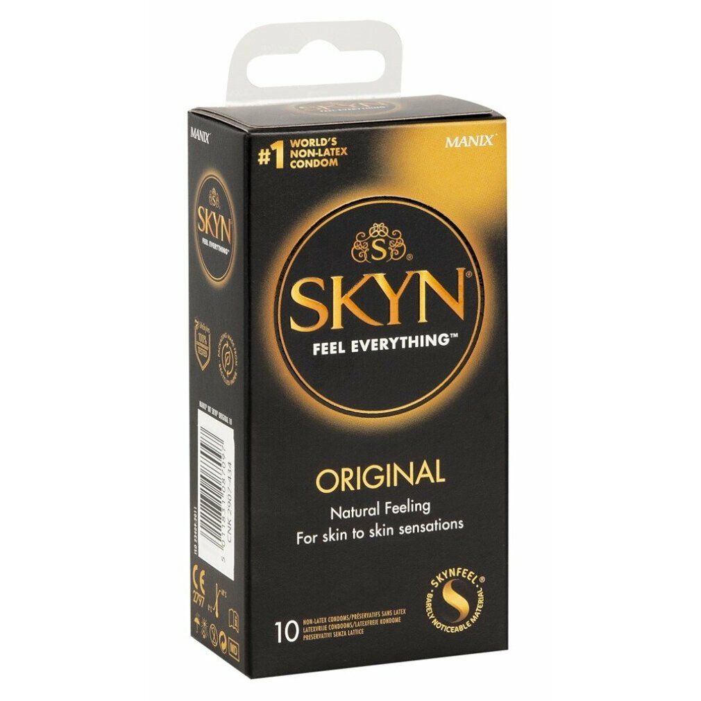 Schwarze Schachtel mit Kondomen. Aufschrift: SKYN, ORIGINAL, 10 Stück. Mit Logo und Text: World's Non-Latex Condom.
