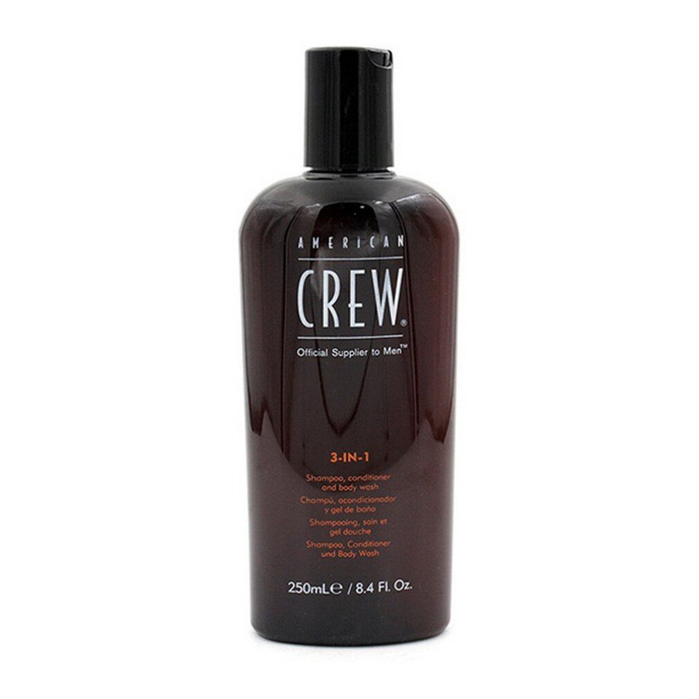 American Crew 3-in-1 Shampoo, Conditioner und Body Wash in brauner Flasche mit schwarzem Verschluss.
