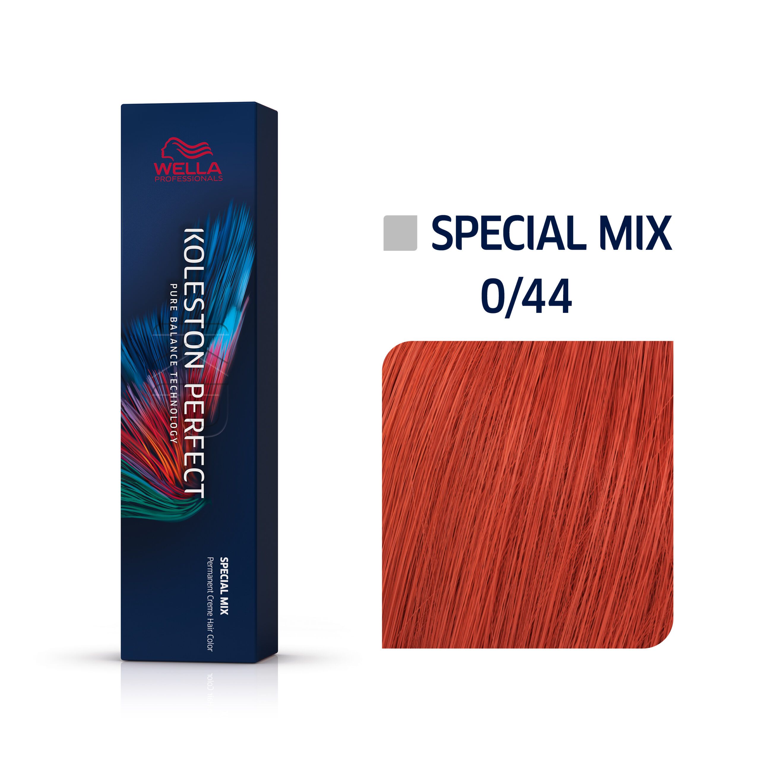 Wella Koleston Perfect Me+ Packung und Farbmuster. Blaue Verpackung, Farbmuster in Orange.