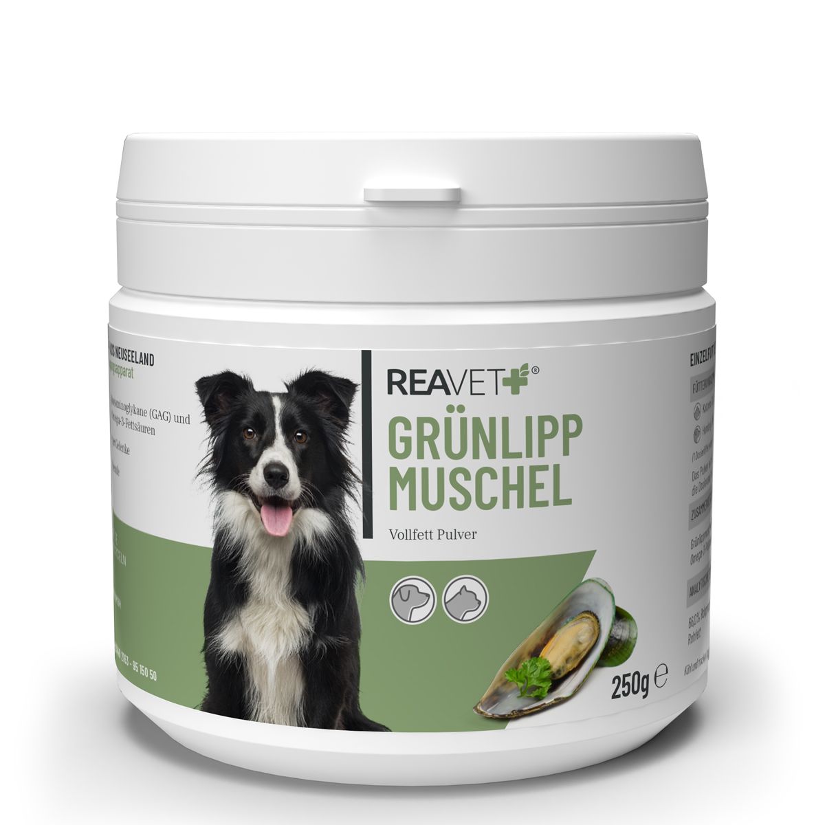 Weißer Behälter mit grünem Etikett. Aufschrift: Grünlippmuschel, ReaVET. Abbildung eines Hundes und einer Muschel. 250g.