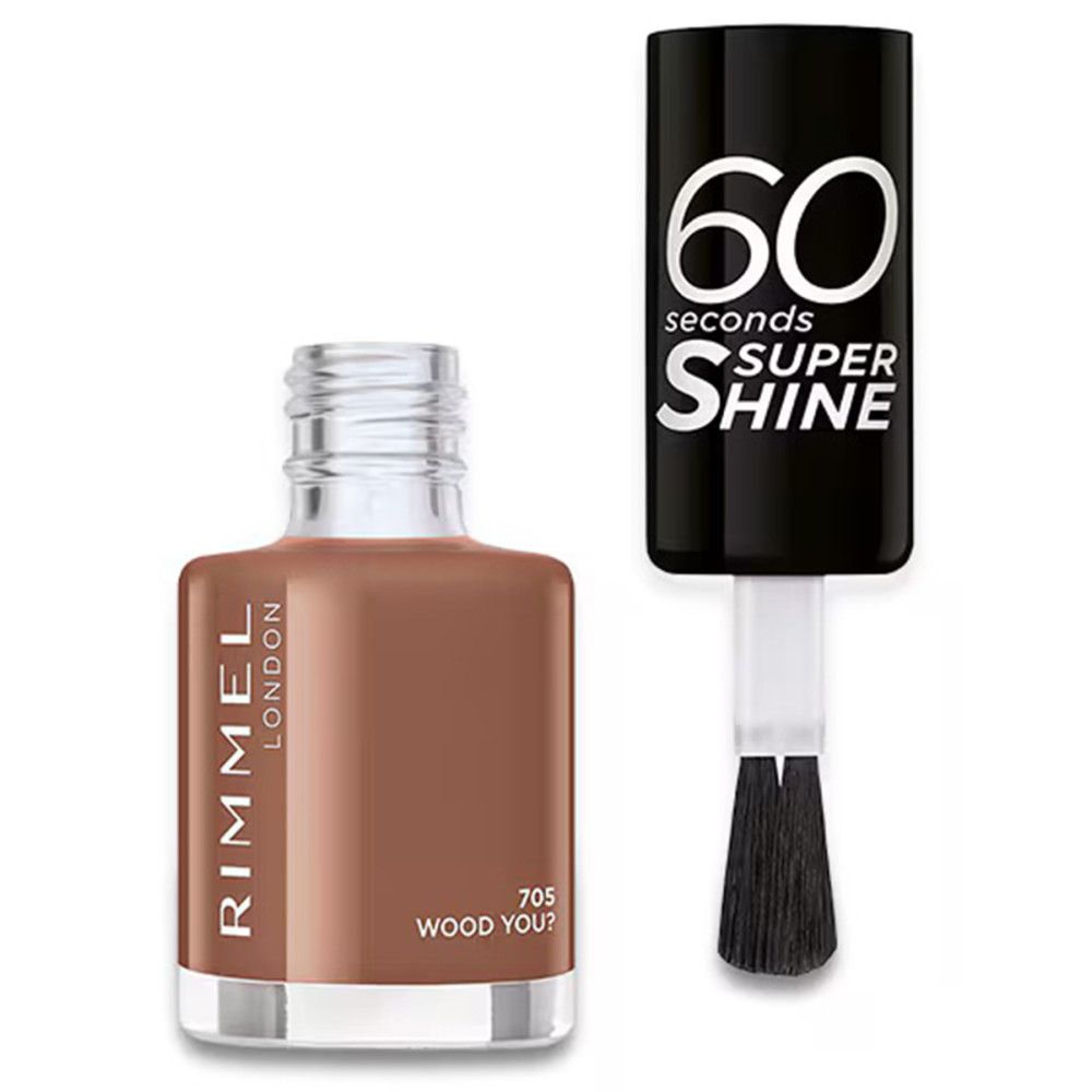 Nagellackflasche, braune Farbe, geöffnet. Schwarzer Deckel mit weißem "60 seconds Super Shine"-Schriftzug. Pinsel sichtbar.