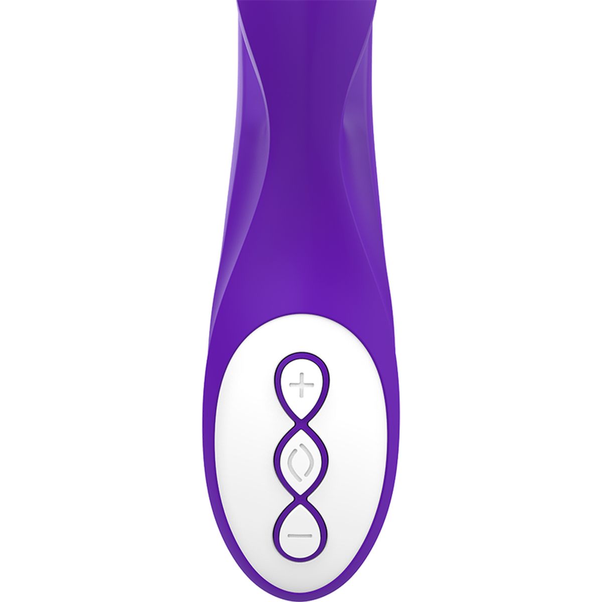 Nahaufnahme des Vibrator-Endes. Weißes Bedienfeld mit Plus-, Minus- und Symbolen.