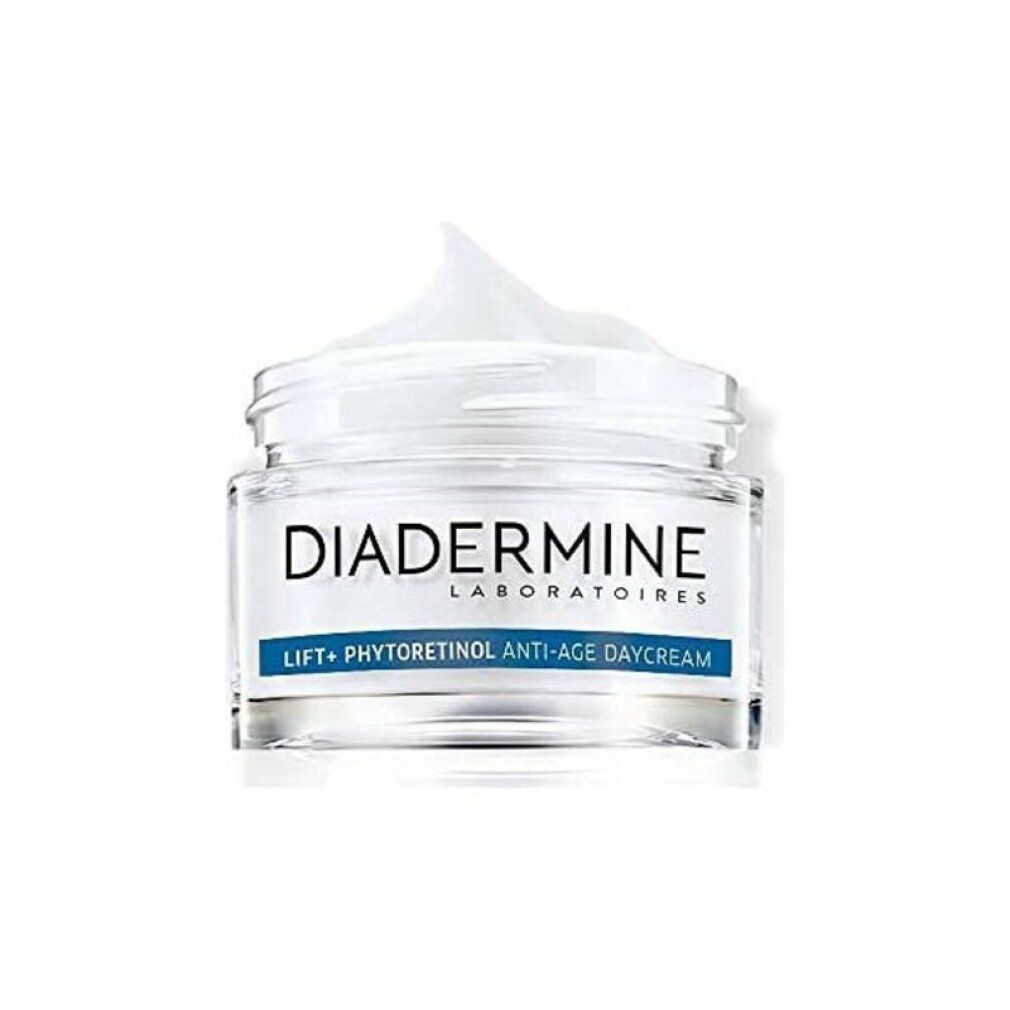 Glasbehälter mit weißer Creme. Text: Diadermine, Lift+ Phytoretinol Anti-Age Daycream. Deckel und Glas transparent.