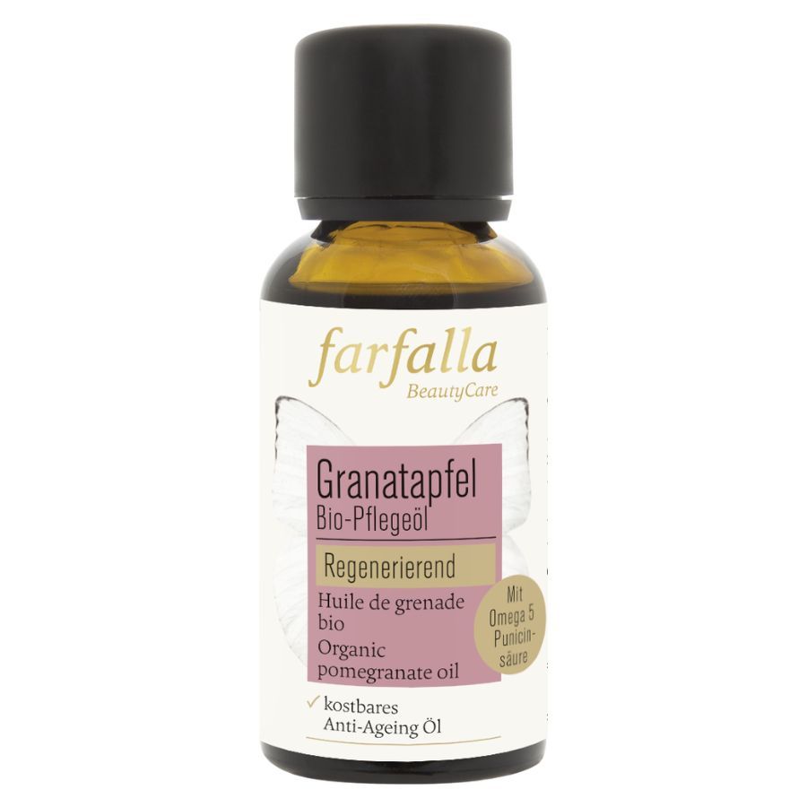 Braune Glasflasche mit schwarzem Deckel. Etikett mit Produktnamen und Text: Granatapfel Bio-Pflegeöl, Regenerierend.