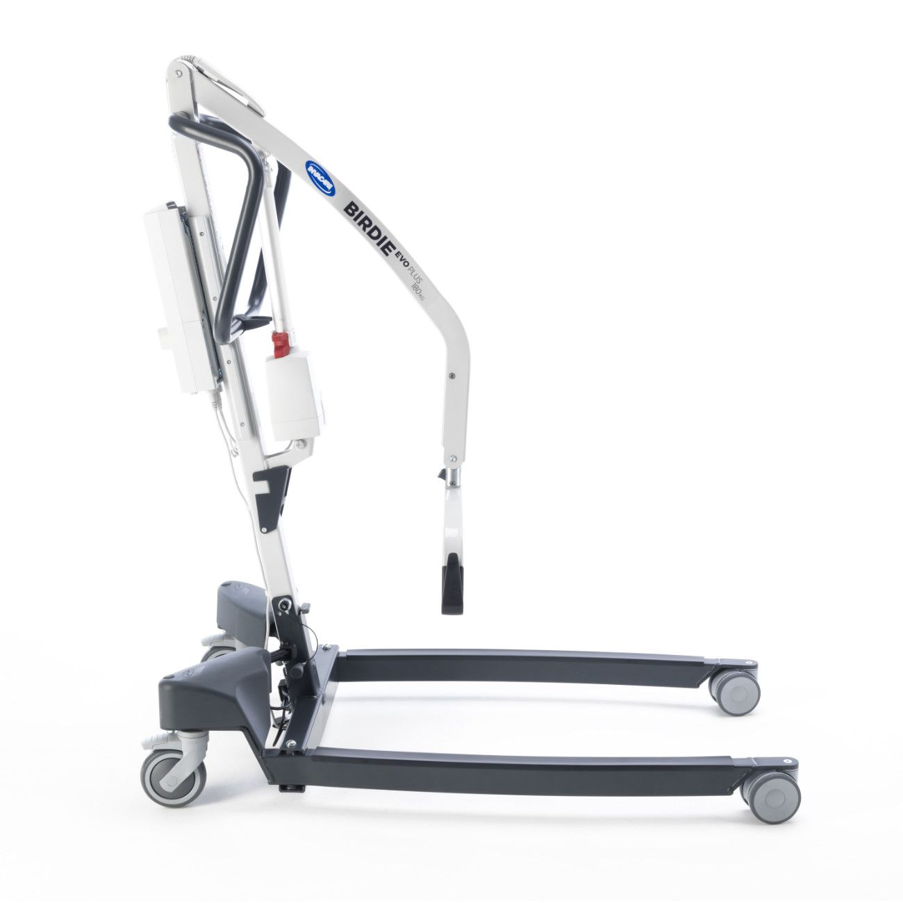 Patientenlift, Seitenansicht. Grau-schwarz. Invacare Birdie Evo Plus. Mit Rollen und Bedienelementen.