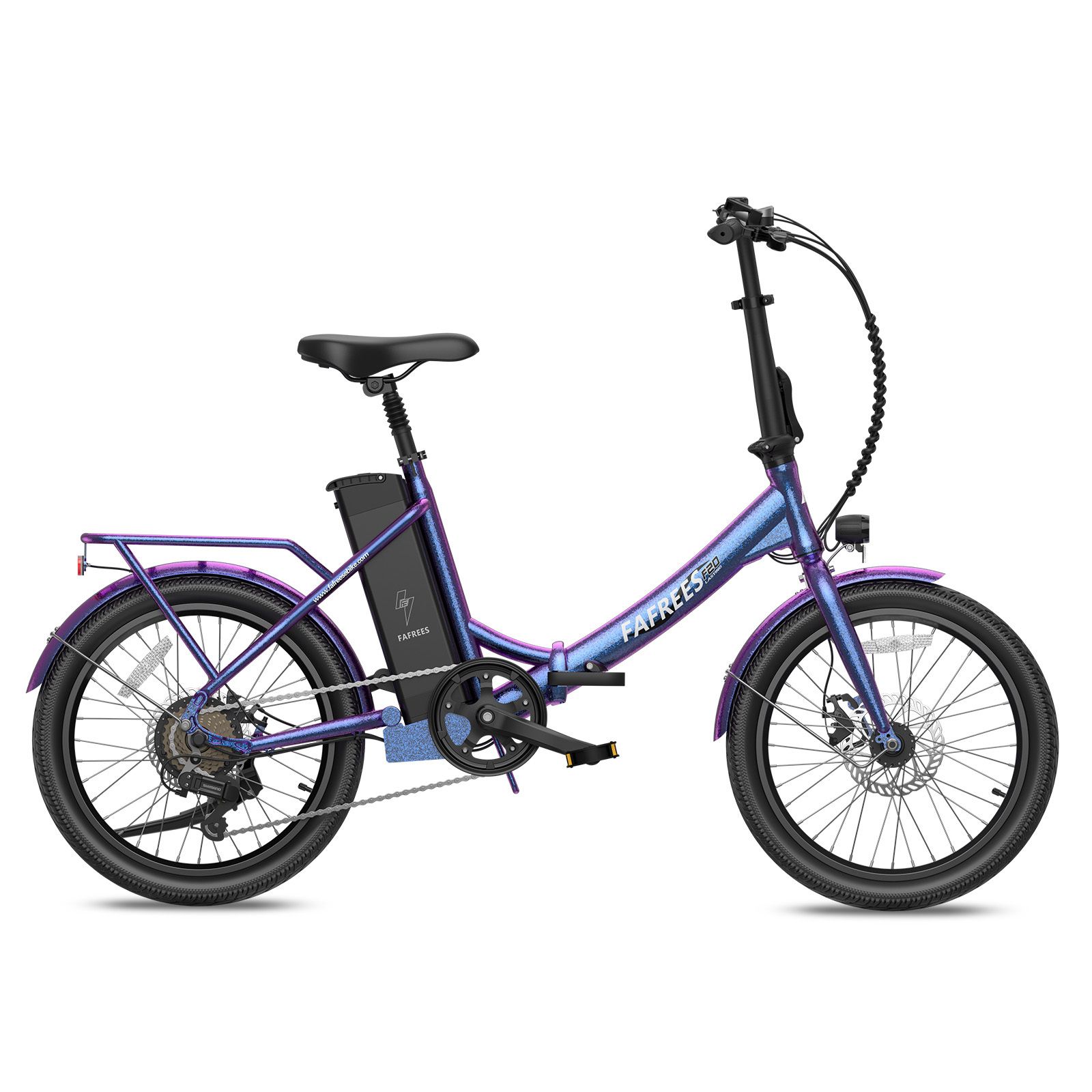 Blau-violettes Elektrofahrrad mit schwarzem Sattel und Gepäckträger. Marke FAFREES.