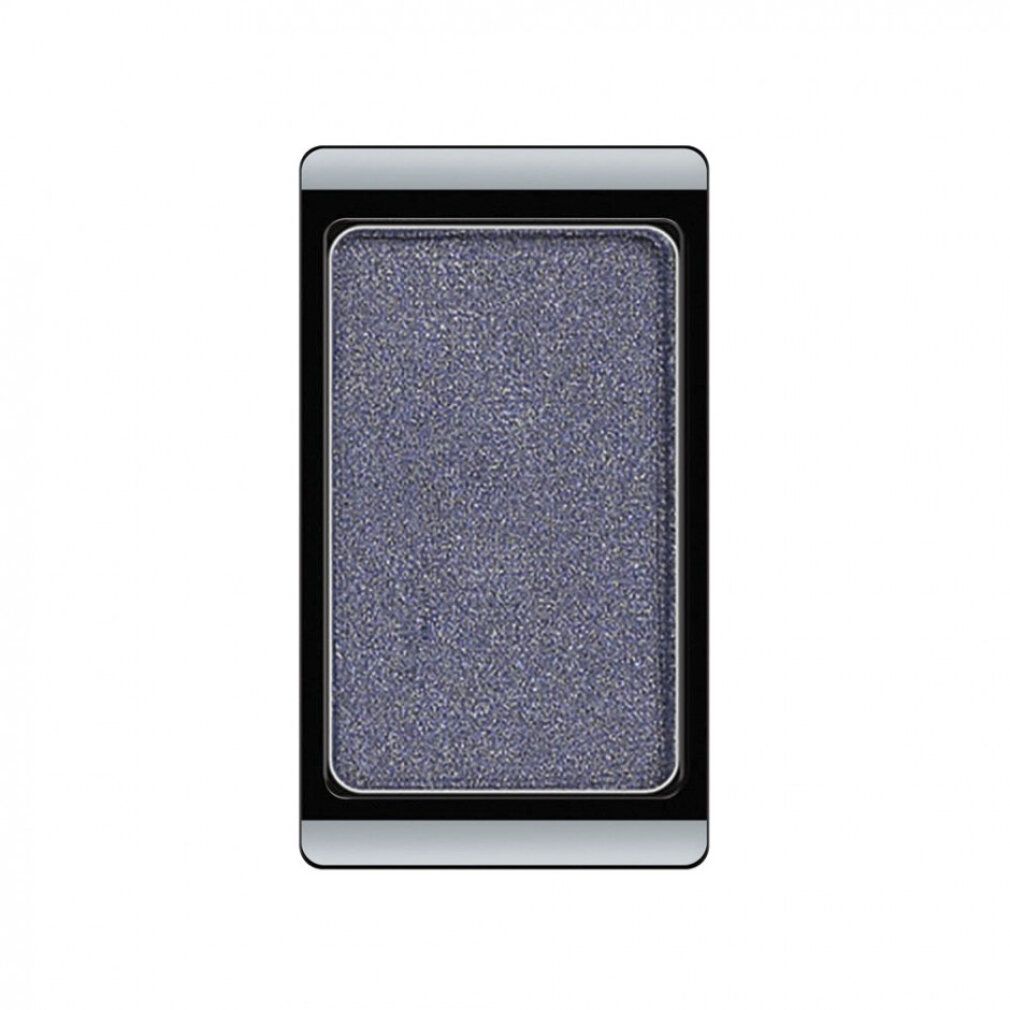 Rechteckiger Lidschatten. Graublau mit Glitzer. Schwarzer Rahmen, silberfarbener Deckel.