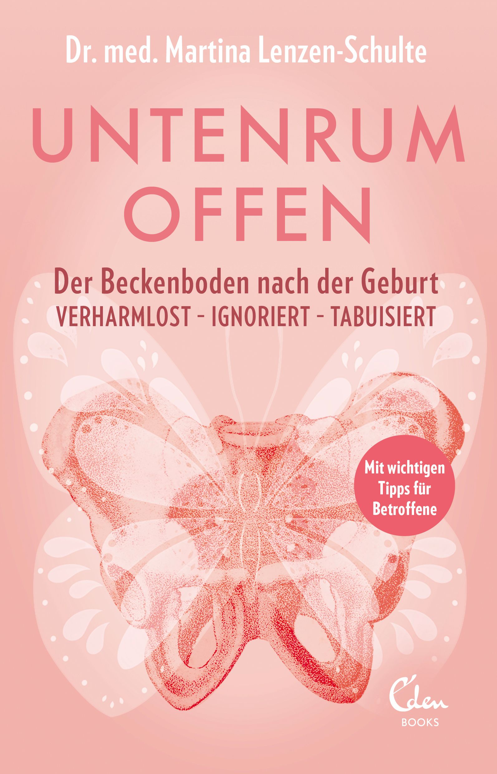 Buchcover: "Untenrum offen". Titel, Autorin, Illustration des Beckenbodens. Rosa Hintergrund, Eden Books Logo.