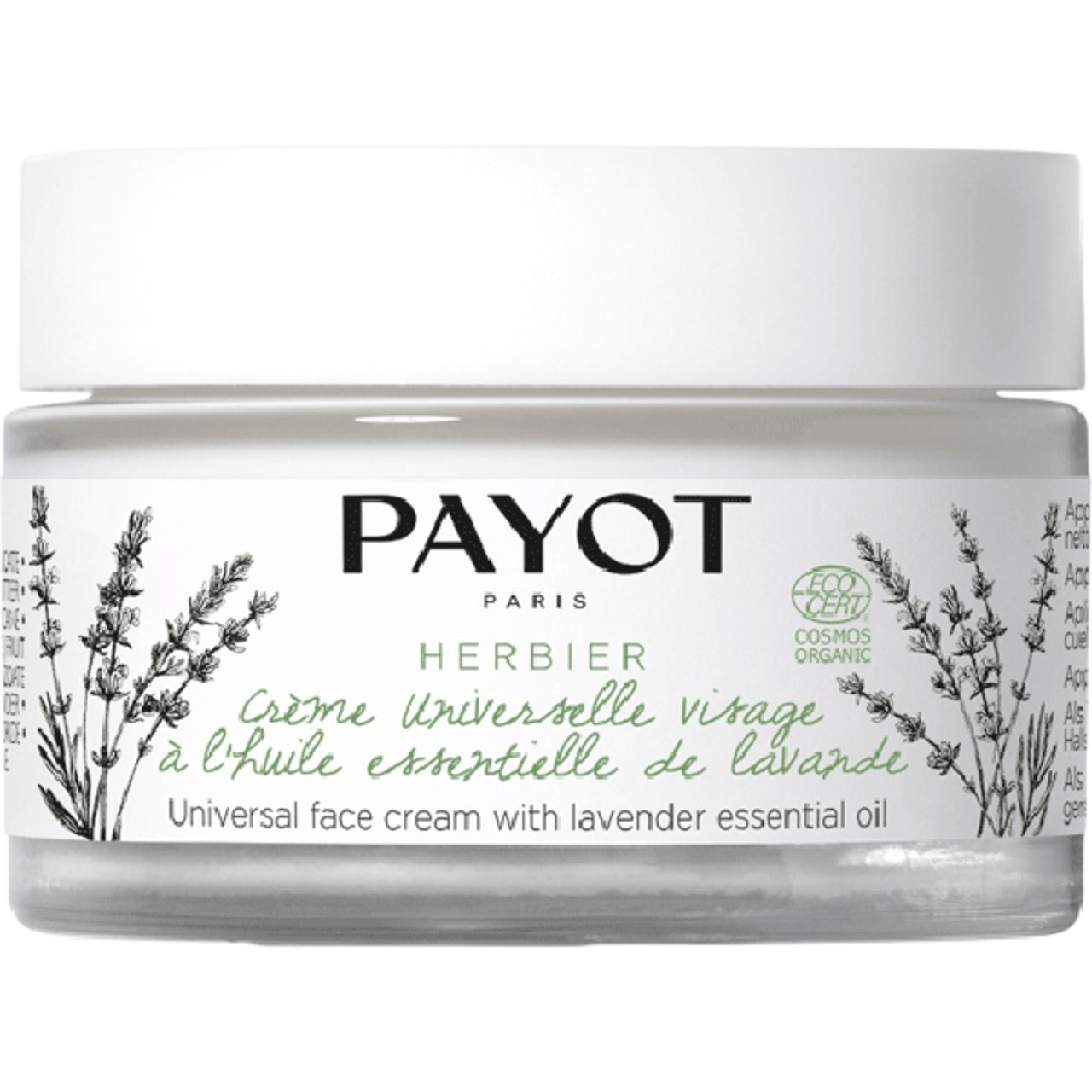 Creme-Glas mit Deckel. Aufschrift: PAYOT, Herbier, Crème universelle visage à l'huile essentielle de lavande. Mit Bio-Siegel.