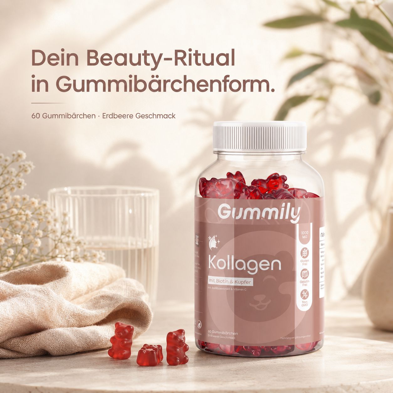 Gummily Kollagen Gummibärchen in Erdbeergeschmack, 60 Stück.