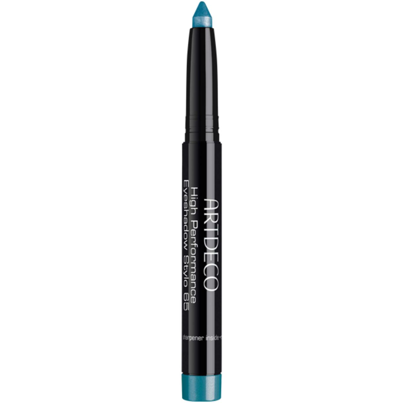 Blauer Eyeshadow-Stift. Schwarzer Stift mit blauem Produktende. Aufschrift: ARTDECO, High Performance Eyeshadow Stylo.