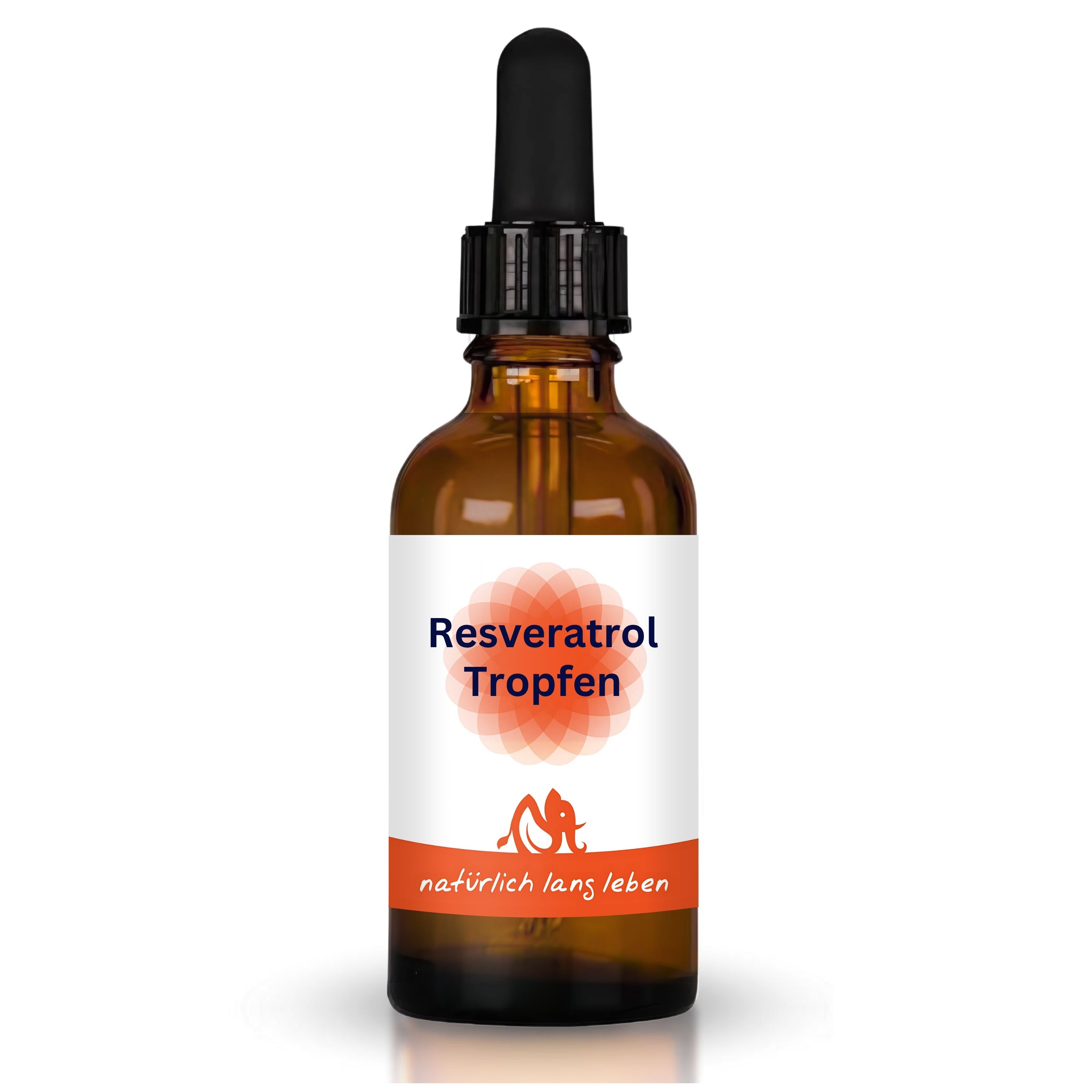 Braune Glasflasche mit Tropfer. Etikett mit "Resveratrol Tropfen" und Logo. "natürlich lang leben" Schriftzug.