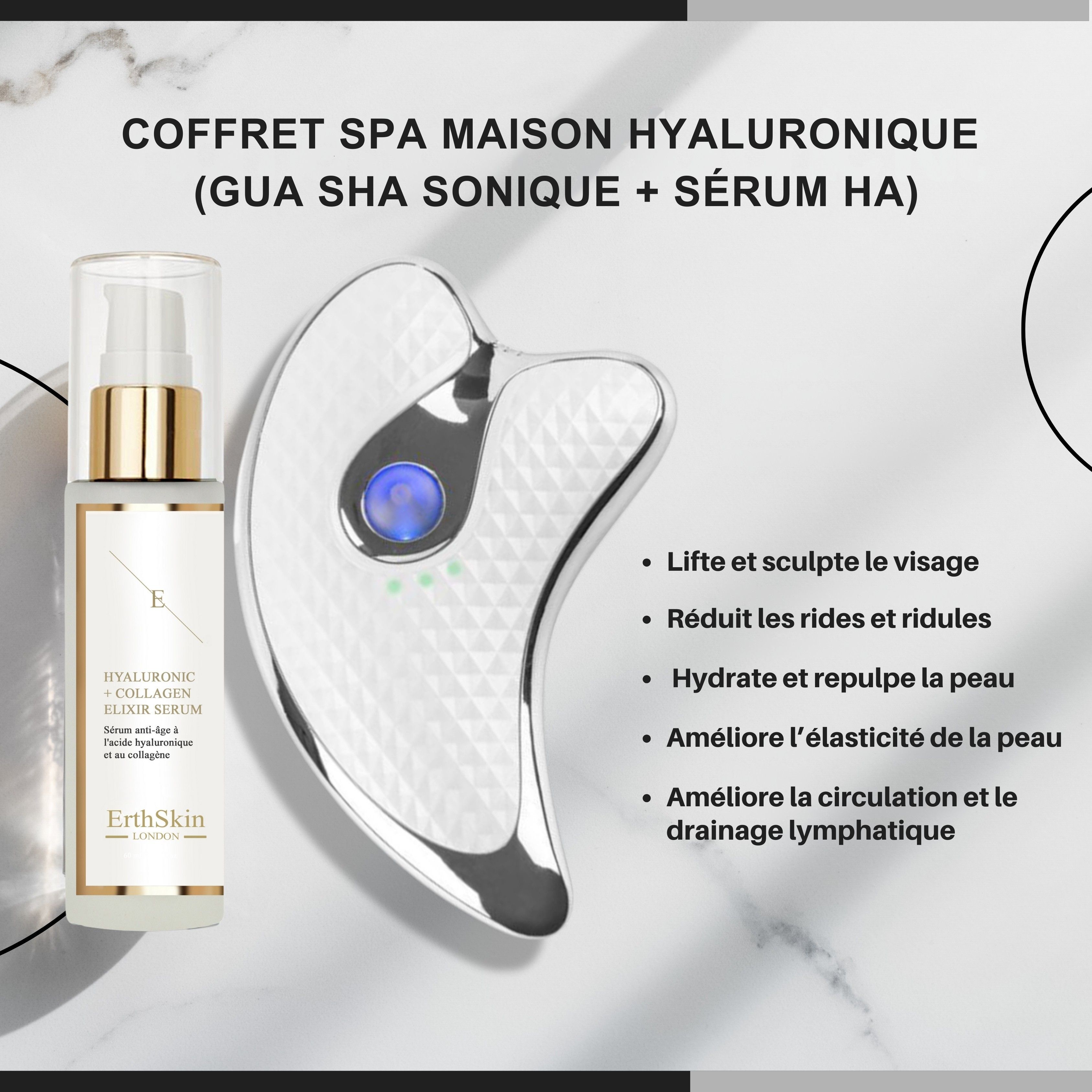 Set mit Serum und Gua Sha. Gua Sha aus Metall, diamantförmig strukturiert. Serumflasche mit goldfarbenem Deckel. Text: Coffret Spa Maison Hyaluronique.