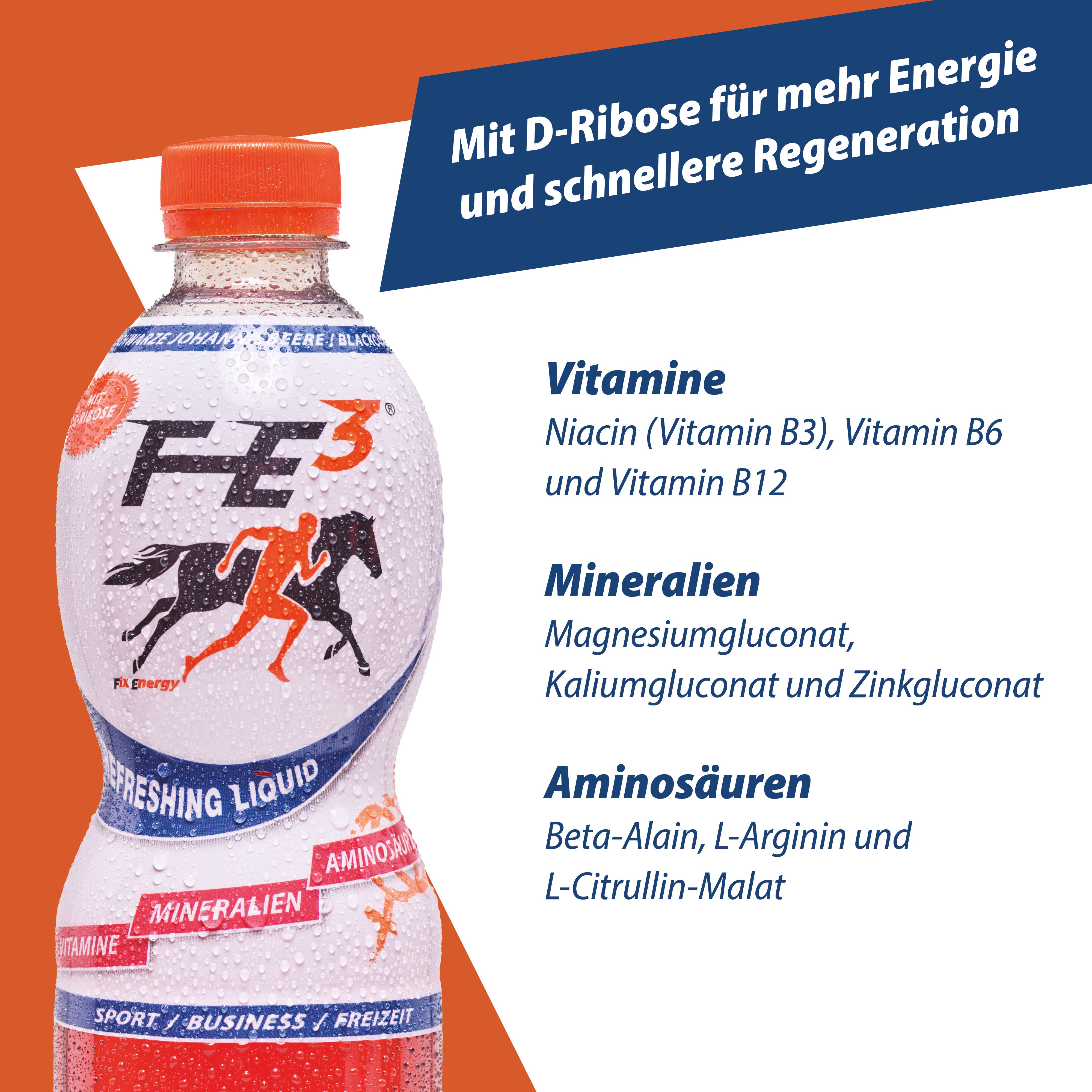 FE³ Refreshing Liquid Flasche. Weiße und orangefarbene Flasche mit roter Flüssigkeit. Logo mit Pferd. Text: Refreshing Liquid, Vitamine, Mineralien.