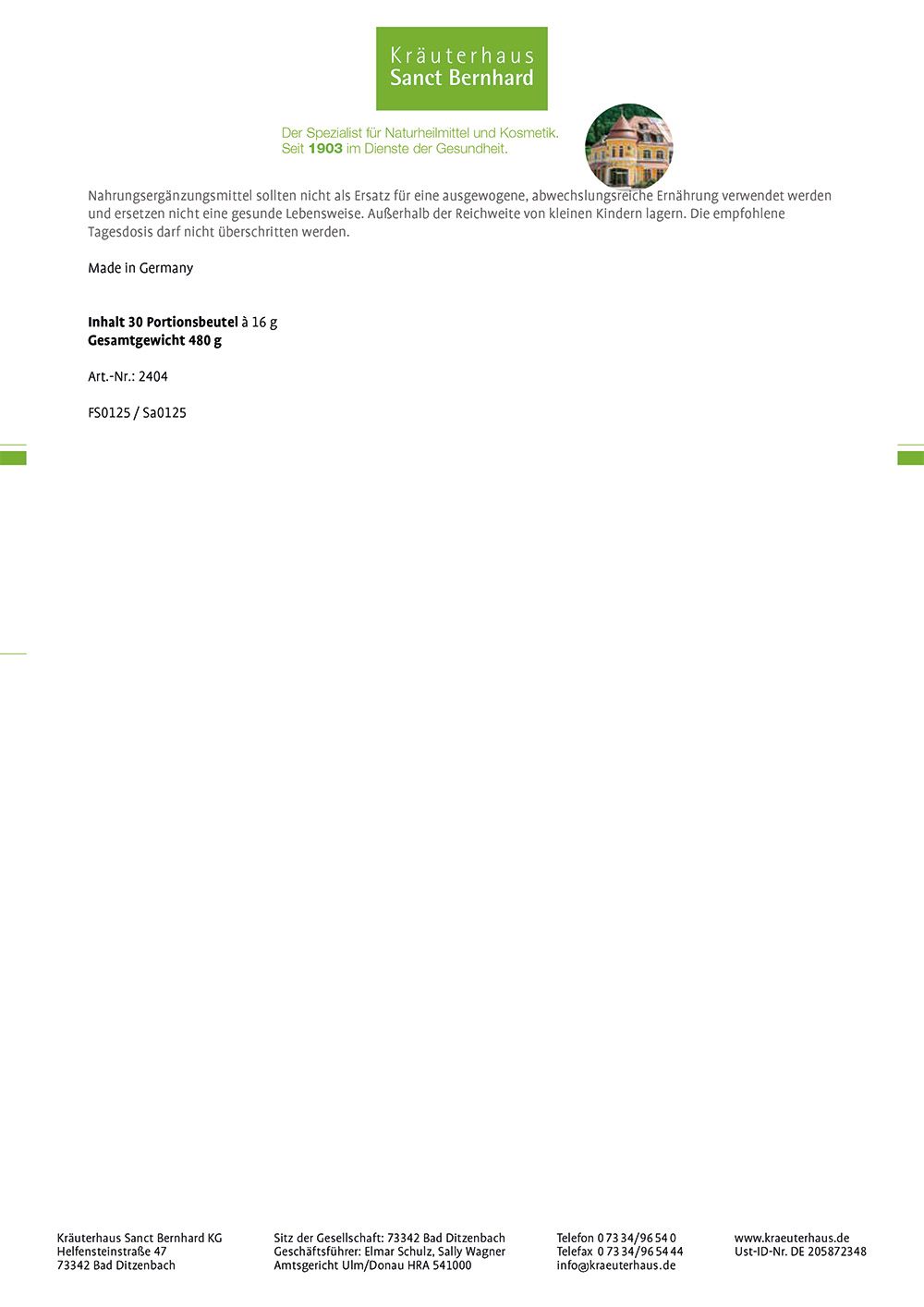 Textseite mit Informationen zu "GELASTIN® Pulver". Enthält Informationen zur Packung und Herstellerangaben.