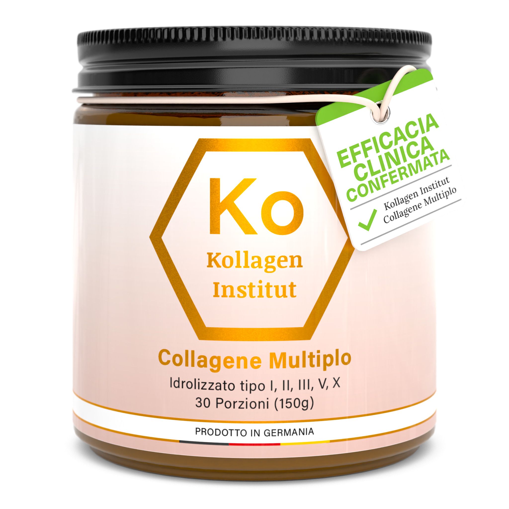 Polvere di collagene multi-tipo Kollagen Institut in un barattolo marrone con coperchio nero. L'etichetta riporta "Ko Kollagen Institut" e "Collagen Multiplo". Un'etichetta indica "Efficacia Clinica Confermata". Il prodotto contiene 150g e 30 porzioni.