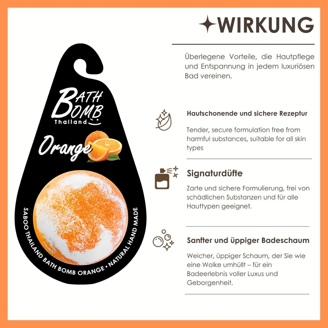 Schwarzes Anhängeetikett mit orangefarbener Badewannenbombe. Text: Bath Bomb Thailand, Orange, Natural Hand Made. Wirkung.