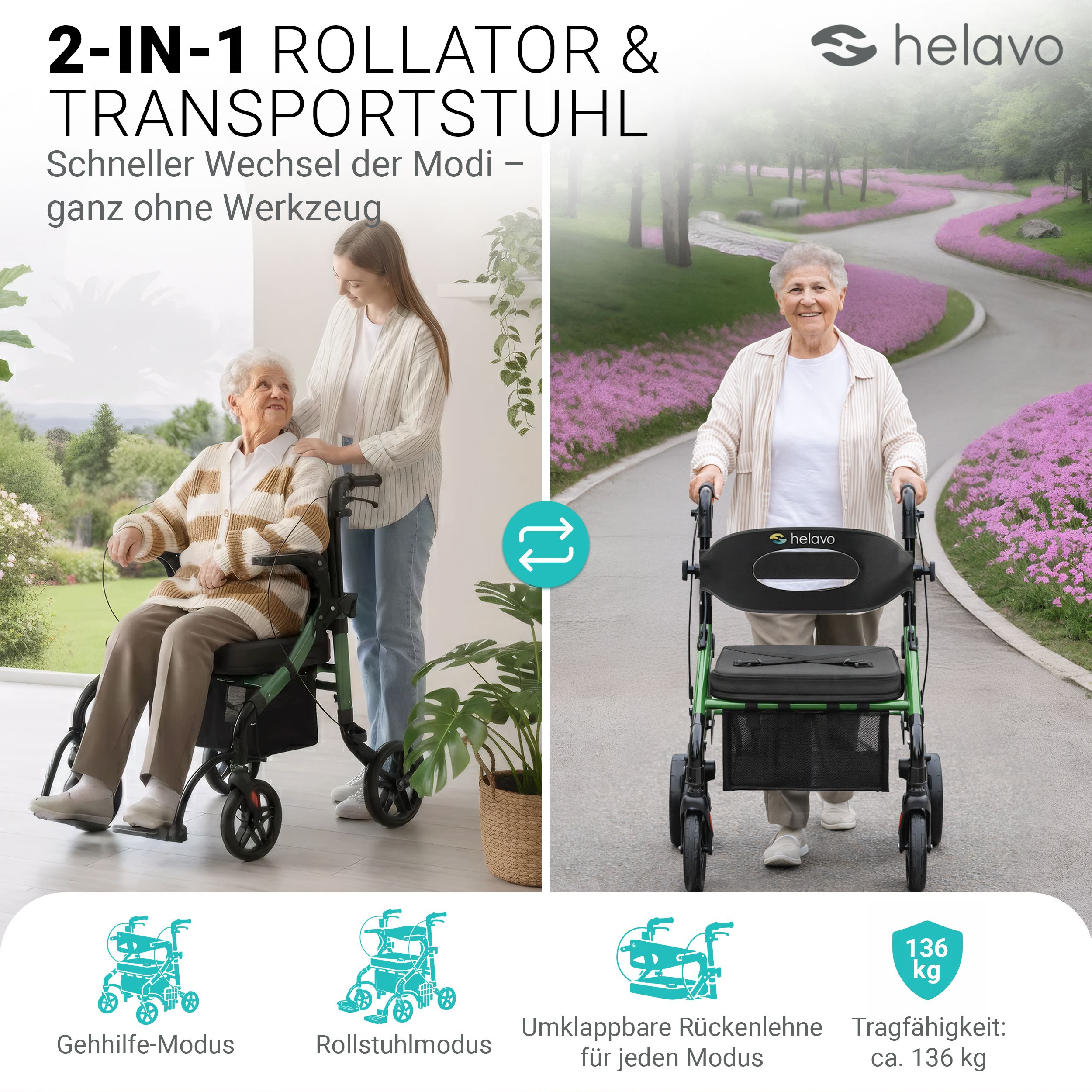 Helavo 2 in 1 Rollator und Rollstuhl faltbar Hybrid Gehhilfe mit All Terrain Reifen