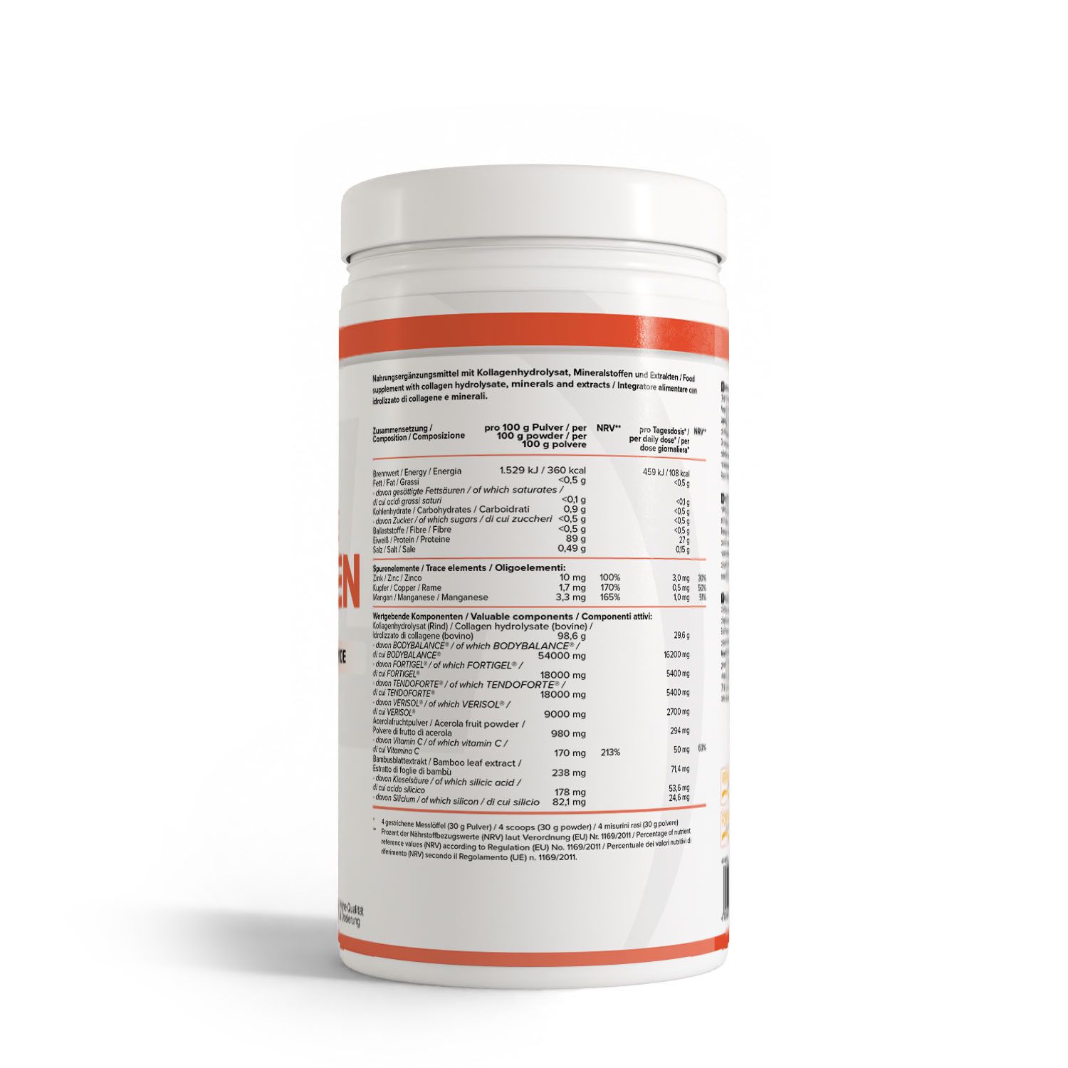 Detailansicht der Rückseite einer Health+ All in One Collagen Dose mit Nährwerttabelle.