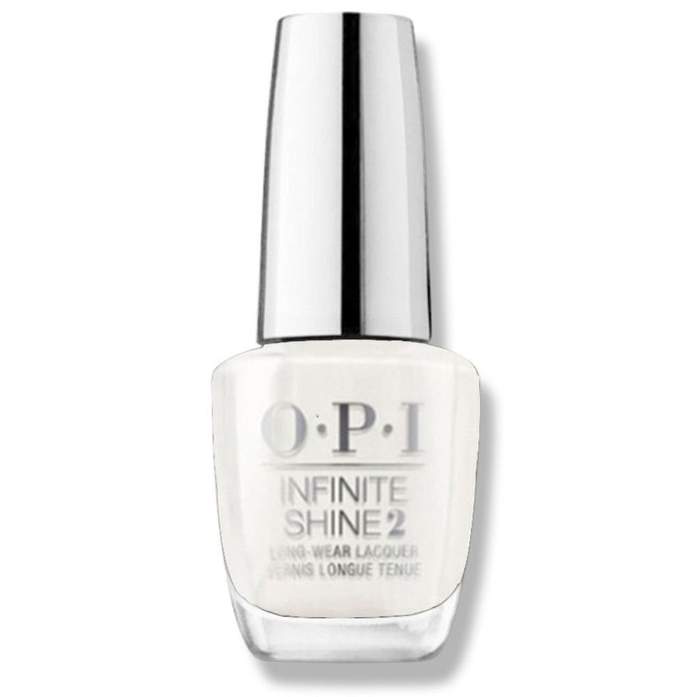 OPI Nagellacke Infinite Shine. Weiße Flasche mit silbernem Deckel. Produktname und Logo auf der Vorderseite.