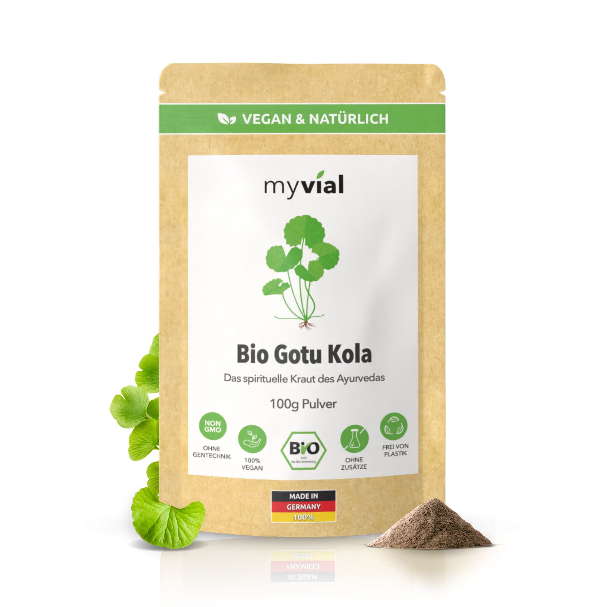myvial® Bio Gotu Kola Pulver - 100 g Centella asiatica (Tigergras, Brahmi) aus Sri Lanka