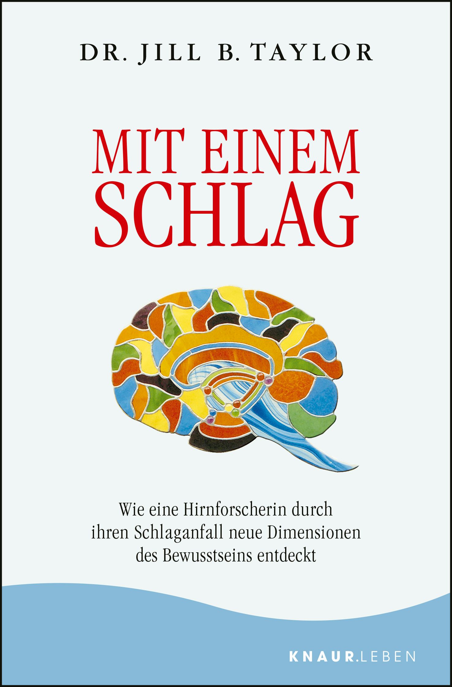 Buchcover: Titel "Mit einem Schlag". Autorin: Dr. Jill B. Taylor. Abbildung eines bunten Gehirns. Verlag: Knaur.Leben.