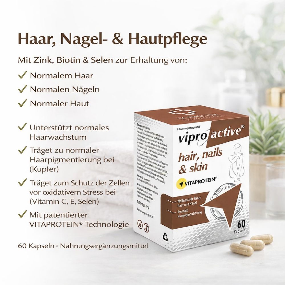 Produktabbildung von Viproactive® Hair, Nails & Skin mit Text. 60 Kapseln.