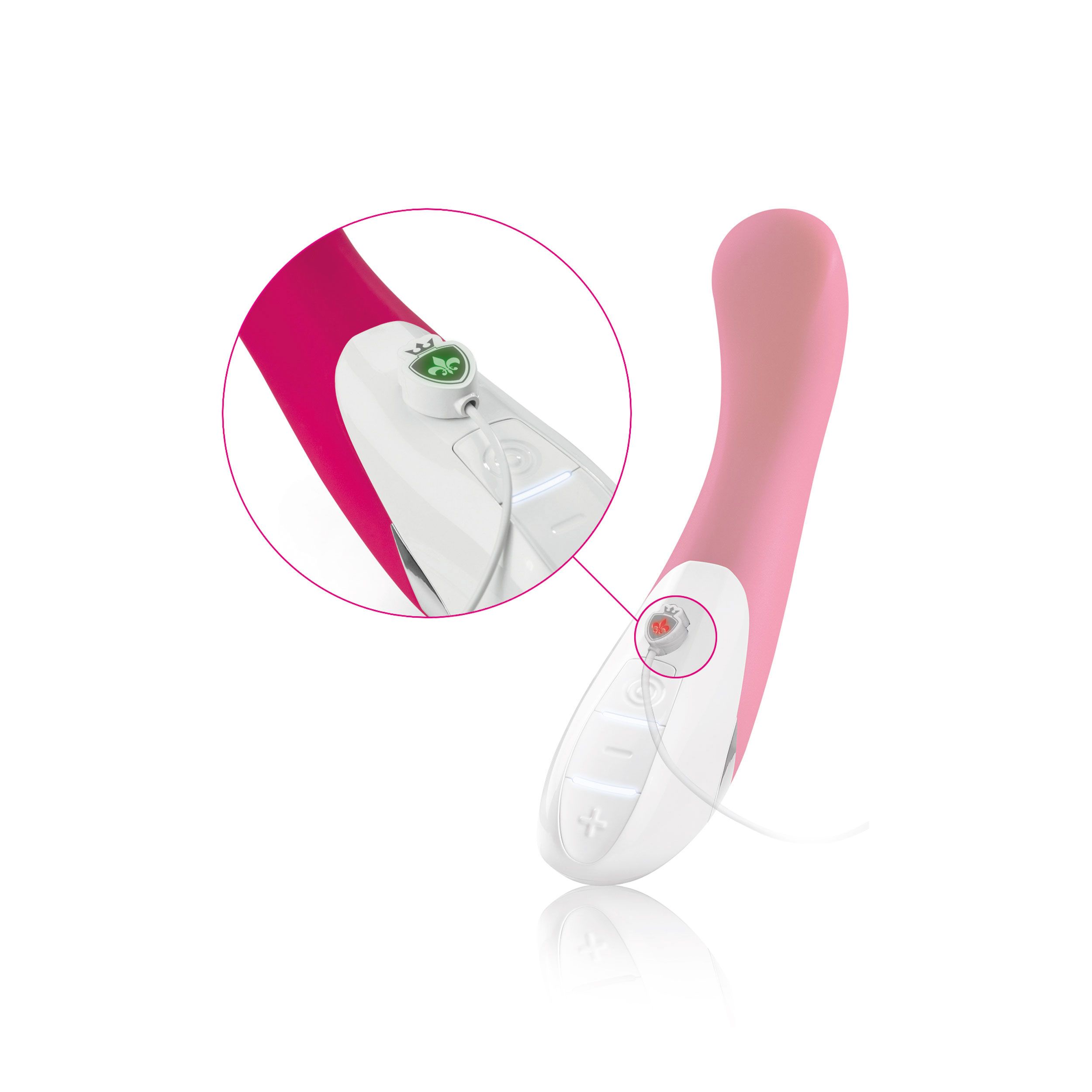 Pinkfarbener Vibrator mit weißem Bedienfeld. Vergrößerte Ansicht des Bedienfelds. Kabelanschluss.