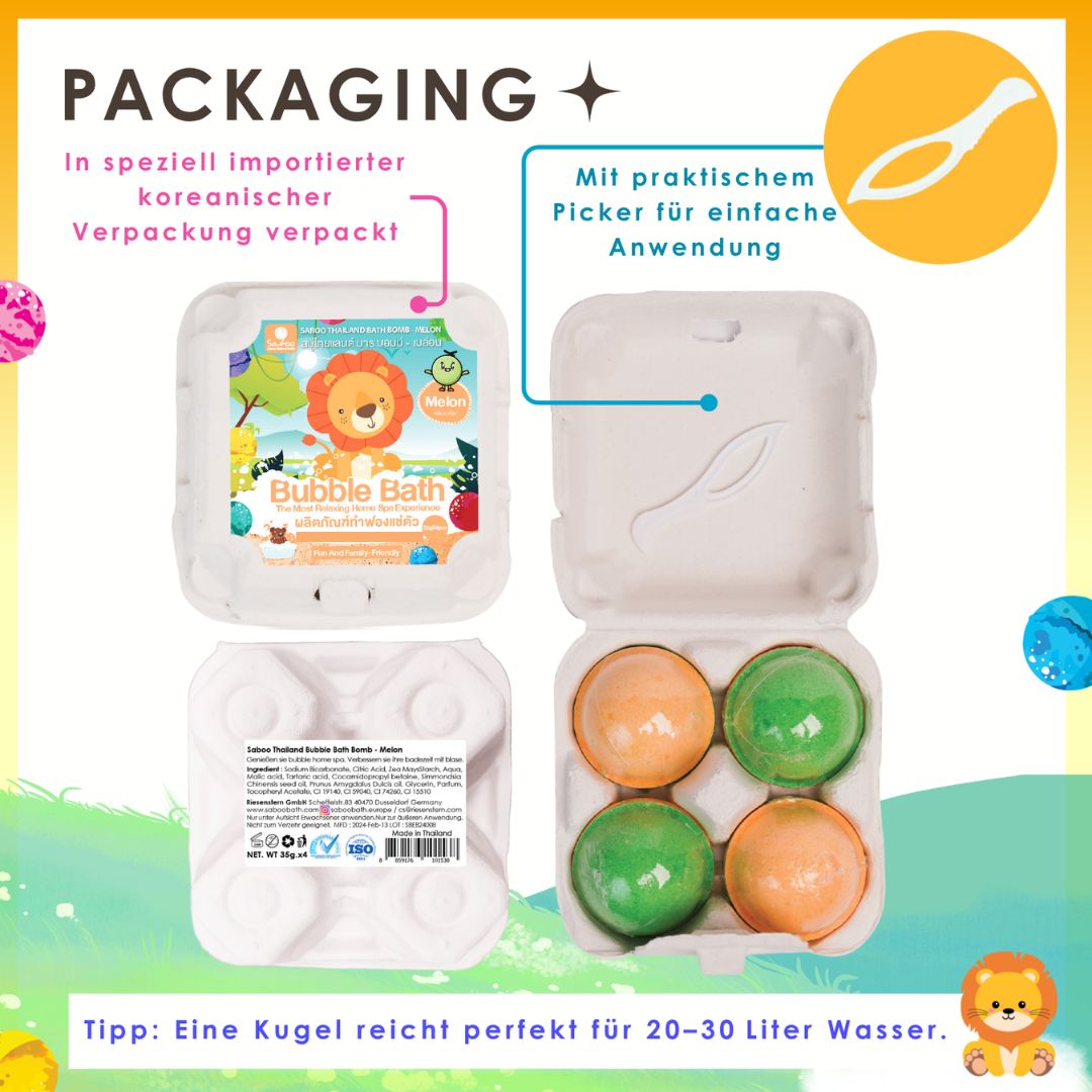 Verpackung mit Badbomben. Enthält vier Kugeln. Mit praktischem Picker. Text in Deutsch.