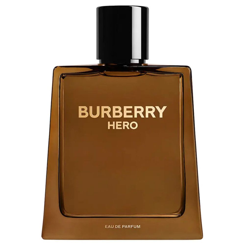 Burberry Hero E.d.P. Nat. Spray. Brauner Flakon mit schwarzem Verschluss. Goldfarbener Schriftzug. Eckige Form.