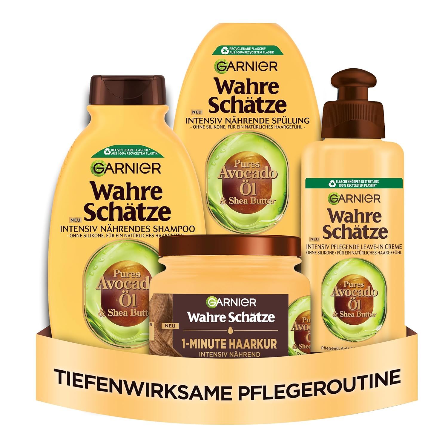 Pflegeset mit Shampoo, Spülung, Maske und Leave-In. Aufschrift: Garnier Wahre Schätze Avocado Öl.