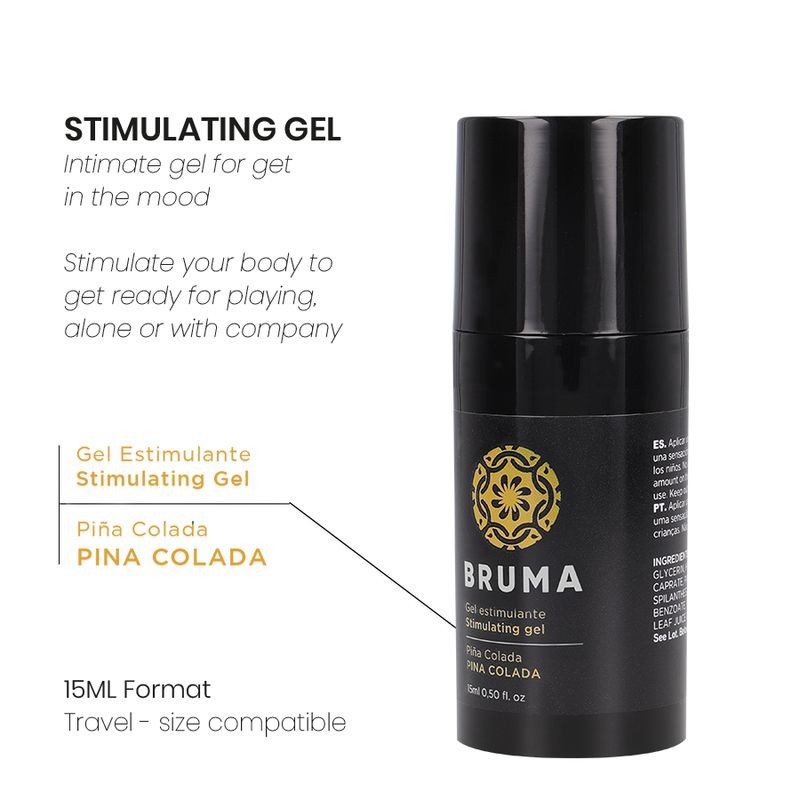 Schwarze Flasche mit goldenem Emblem und Aufschrift "BRUMA Stimulating Gel". 15ml Format.