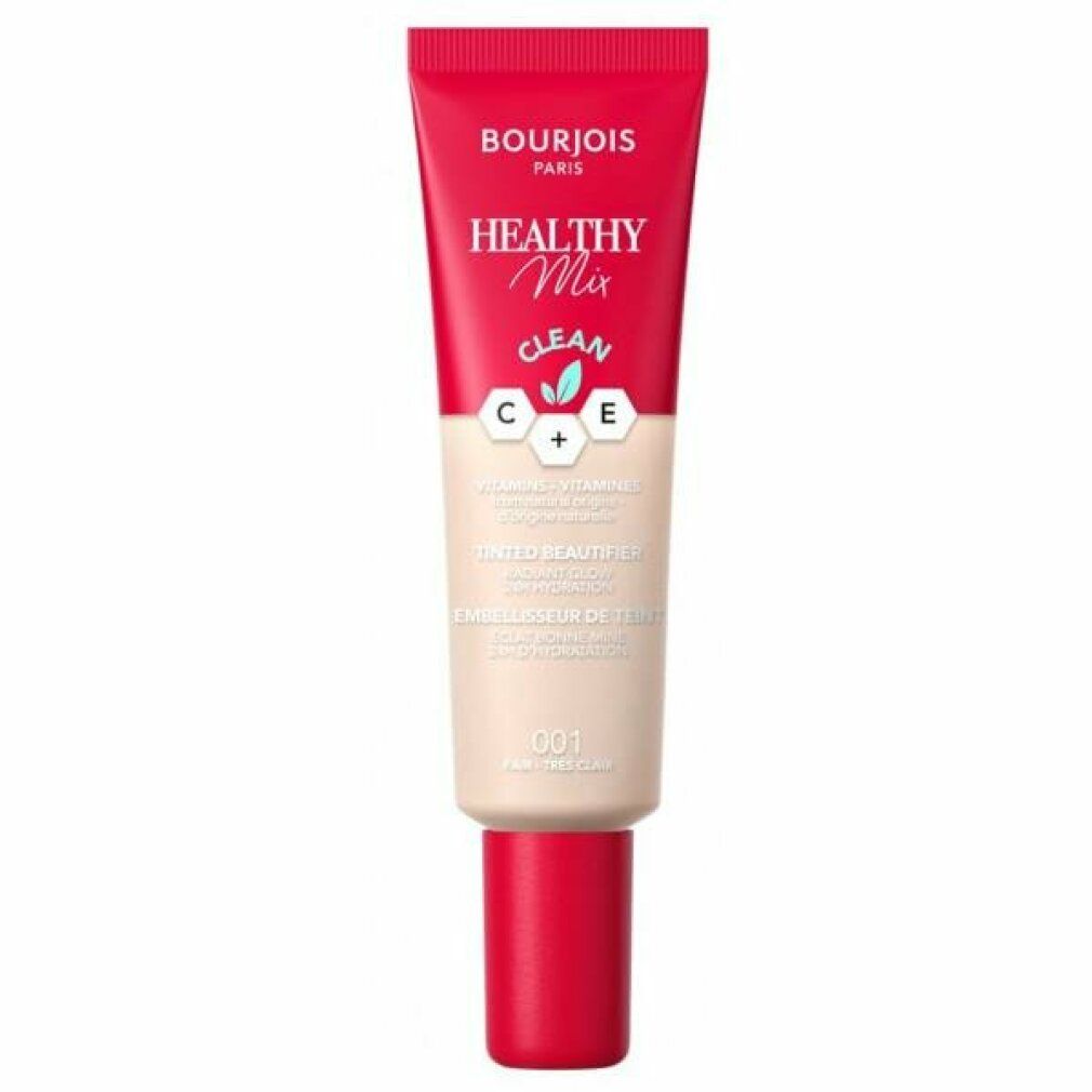 Tube Bourjois Healthy Mix Beautifier, Farbton 001. Roter Deckel, Schriftzug. Enthält Vitamine C und E.