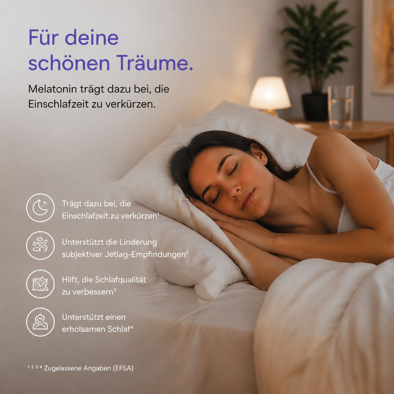 Frau schläft friedlich im Bett. Text erklärt, wie Melatonin die Einschlafzeit verkürzt und den Schlaf verbessert.