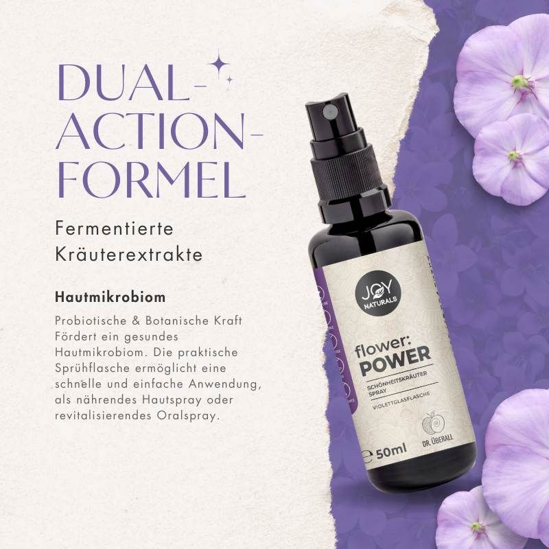 Schwarze Sprühflasche mit Etikett. Aufschrift: JOY NATURALS flower:POWER. Text über Dual-Action-Formel und Kräuterextrakte. 50ml.