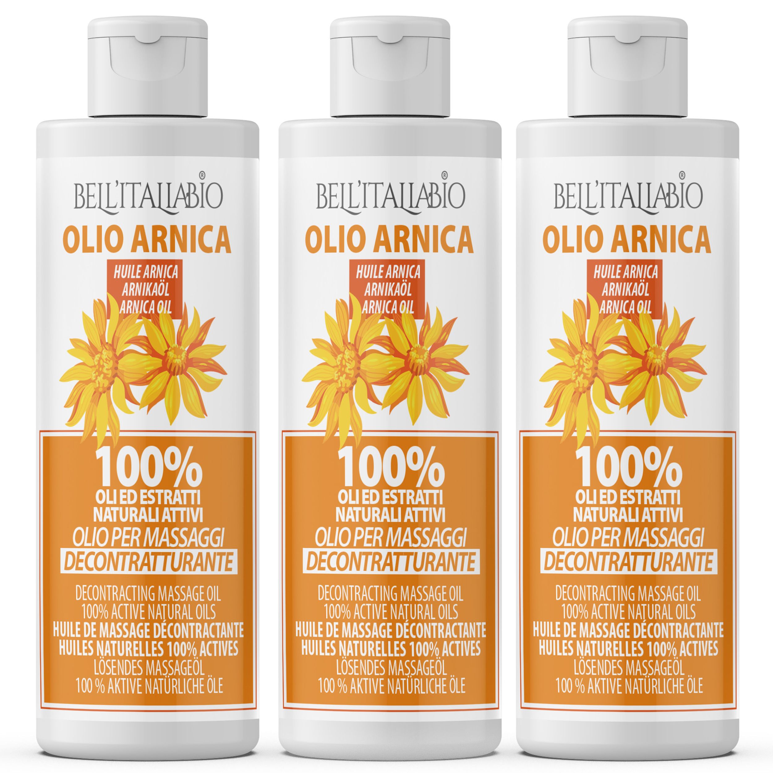 Drei Flaschen mit weißem Deckel. Aufschrift: BellItaliabio, Olio Arnica, 100% natürliche Öle. Gelbe Blüten.
