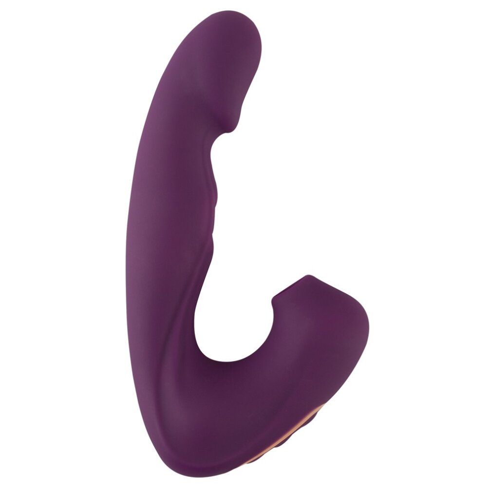 Lila Vibrator mit Klopffunktion und Klitorissauger. Gebogene Form, glatte Oberfläche, mit Öffnung.