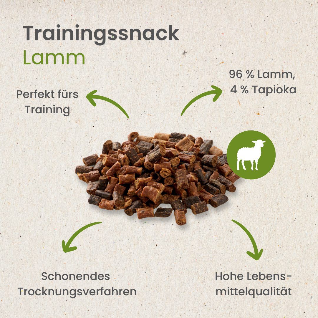 Hundeleckerli aus Lamm und Tapioka, schonend getrocknet.