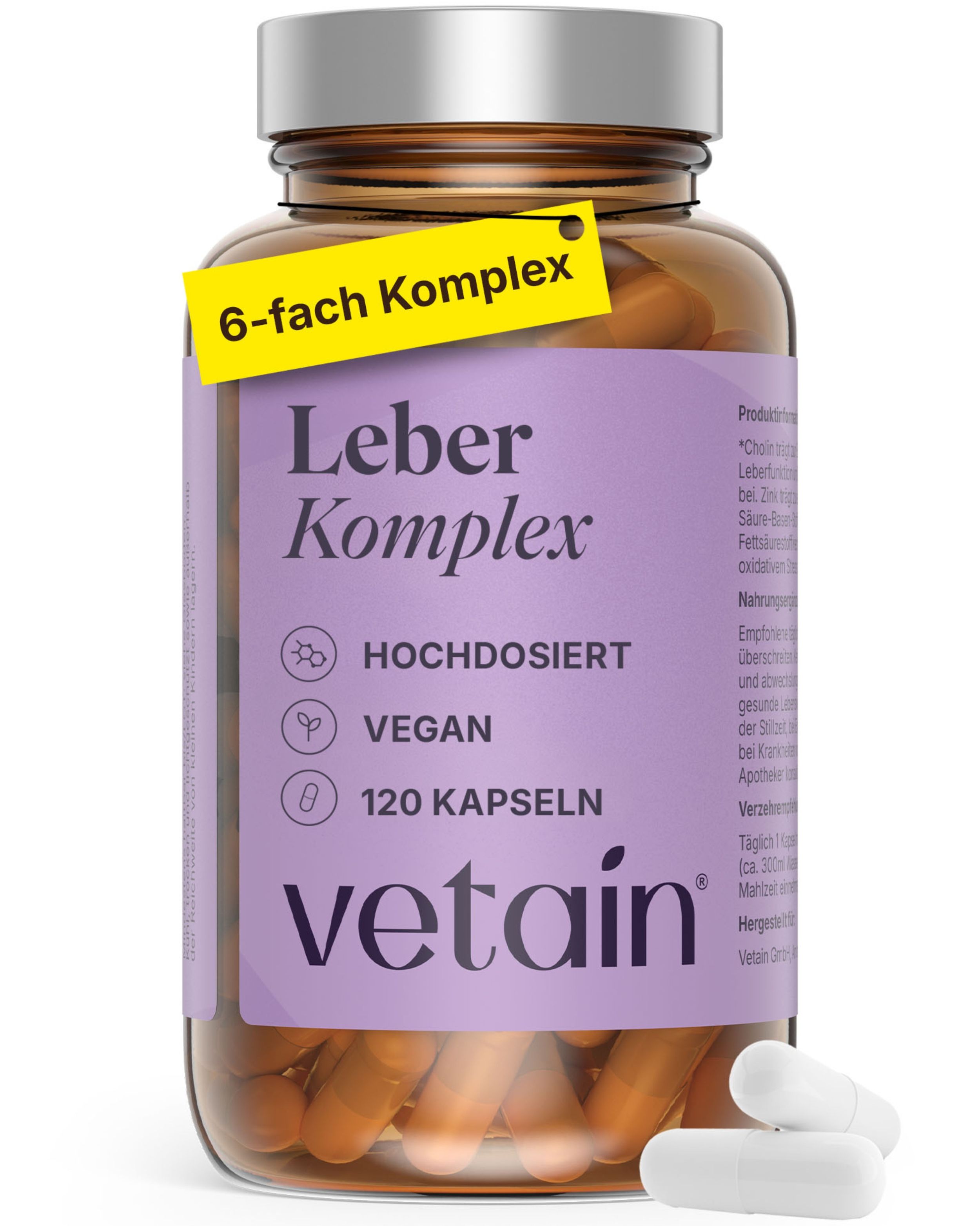 Vetain Leber Komplex - Leberkur mit Mariendistel, Löwenzahn, Cholin, Artischocke, Curcuma & Zink 120 St Kapseln