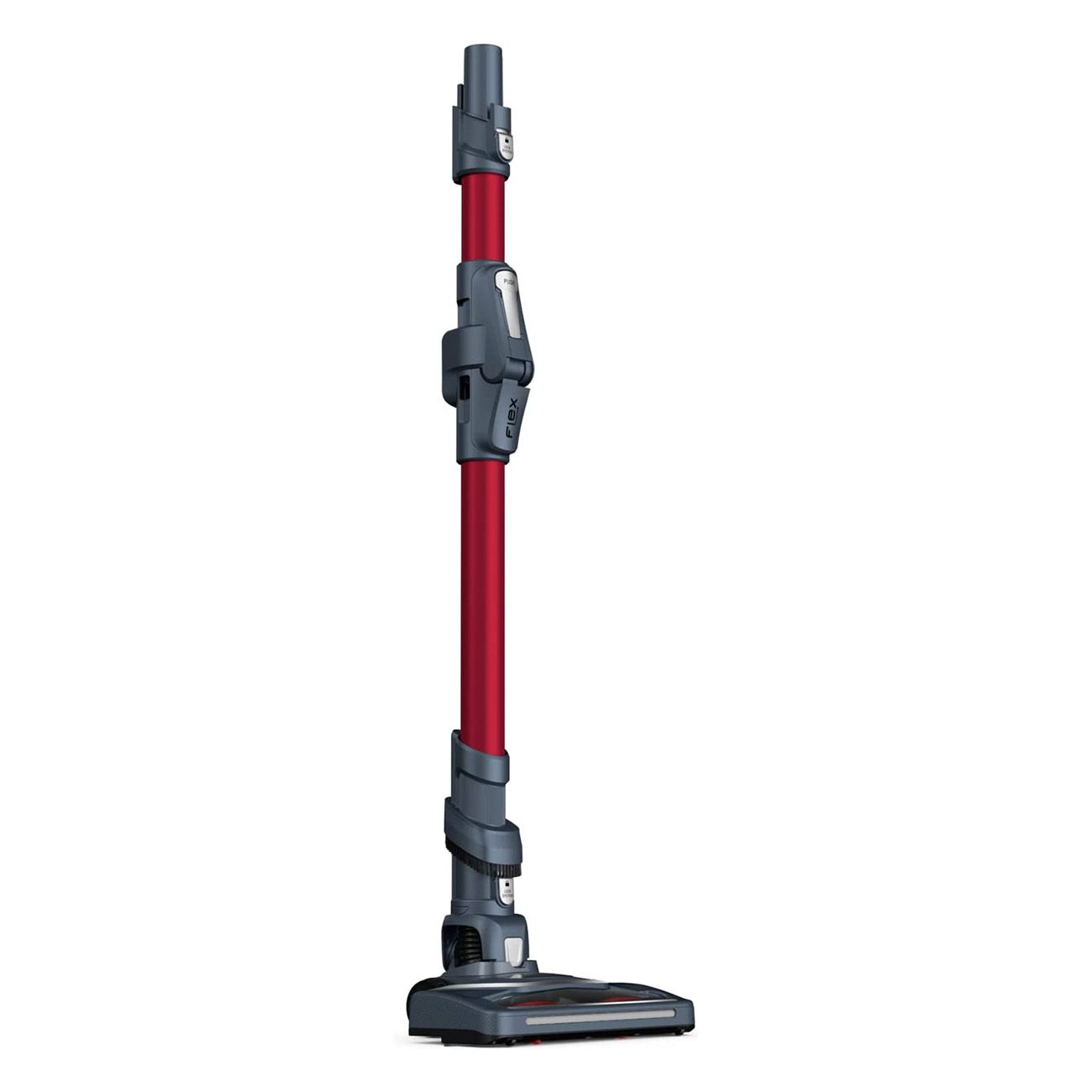 Akkustaubsauger, rot und grau. Flexibler Stiel. Bodenbürste. Aufrecht stehend.
