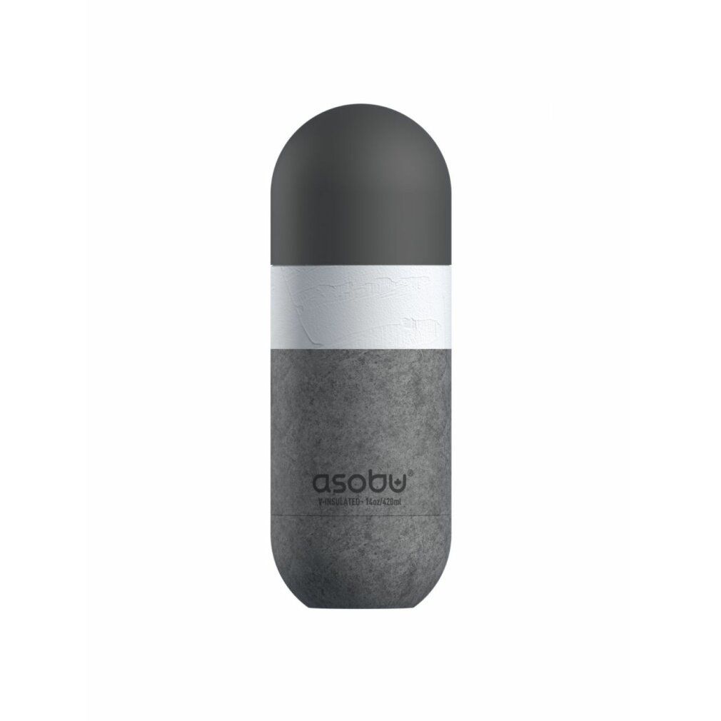 Graue Trinkflasche mit weißem Band. Der untere Teil hat Betonoptik. "asobu"-Logo.