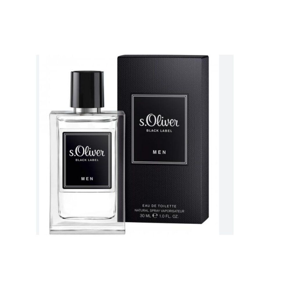 Eau de Toilette für Herren. Rechteckiger Glasflakon mit schwarzem Verschluss und Etikett. Schwarze Verpackung mit Logo.