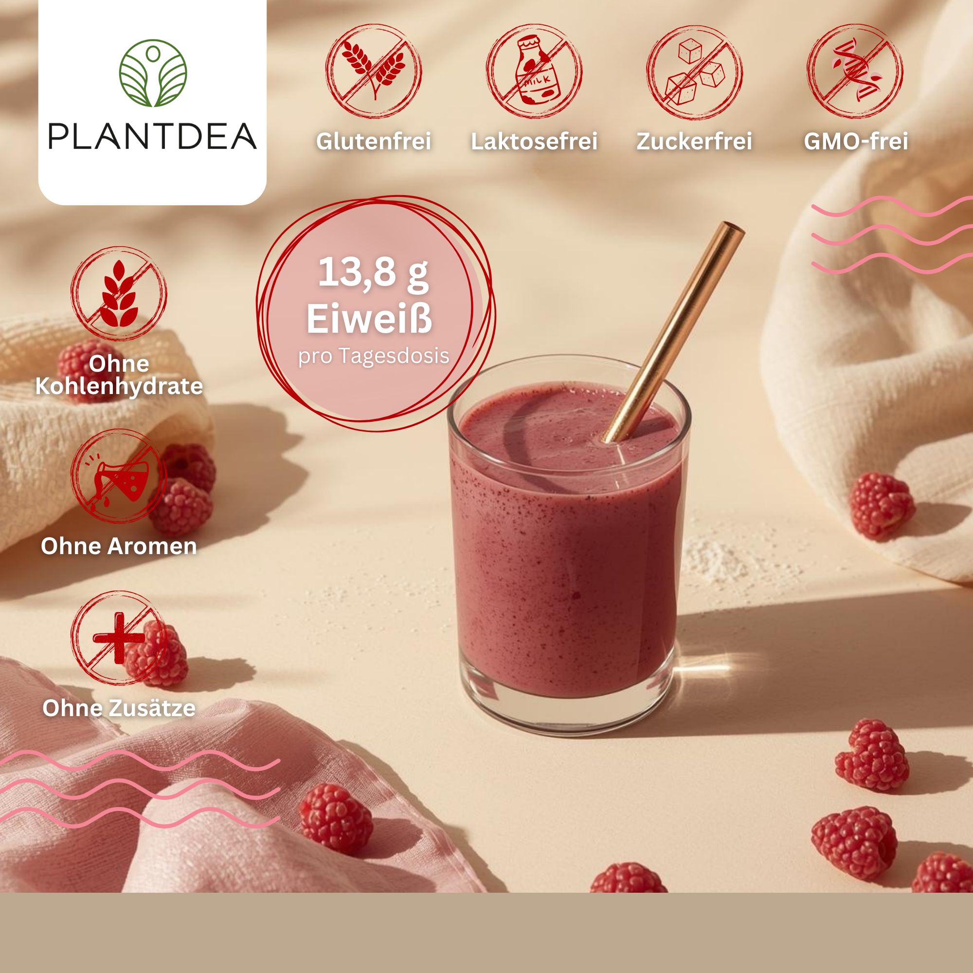 Glas mit rosa Getränk, Strohhalm, Himbeeren. Text: 13,8 g Eiweiß pro Tagesdosis. Logos: glutenfrei, laktosefrei, zuckerfrei, GMO-frei, ohne Kohlenhydrate, Aromen, Zusätze.