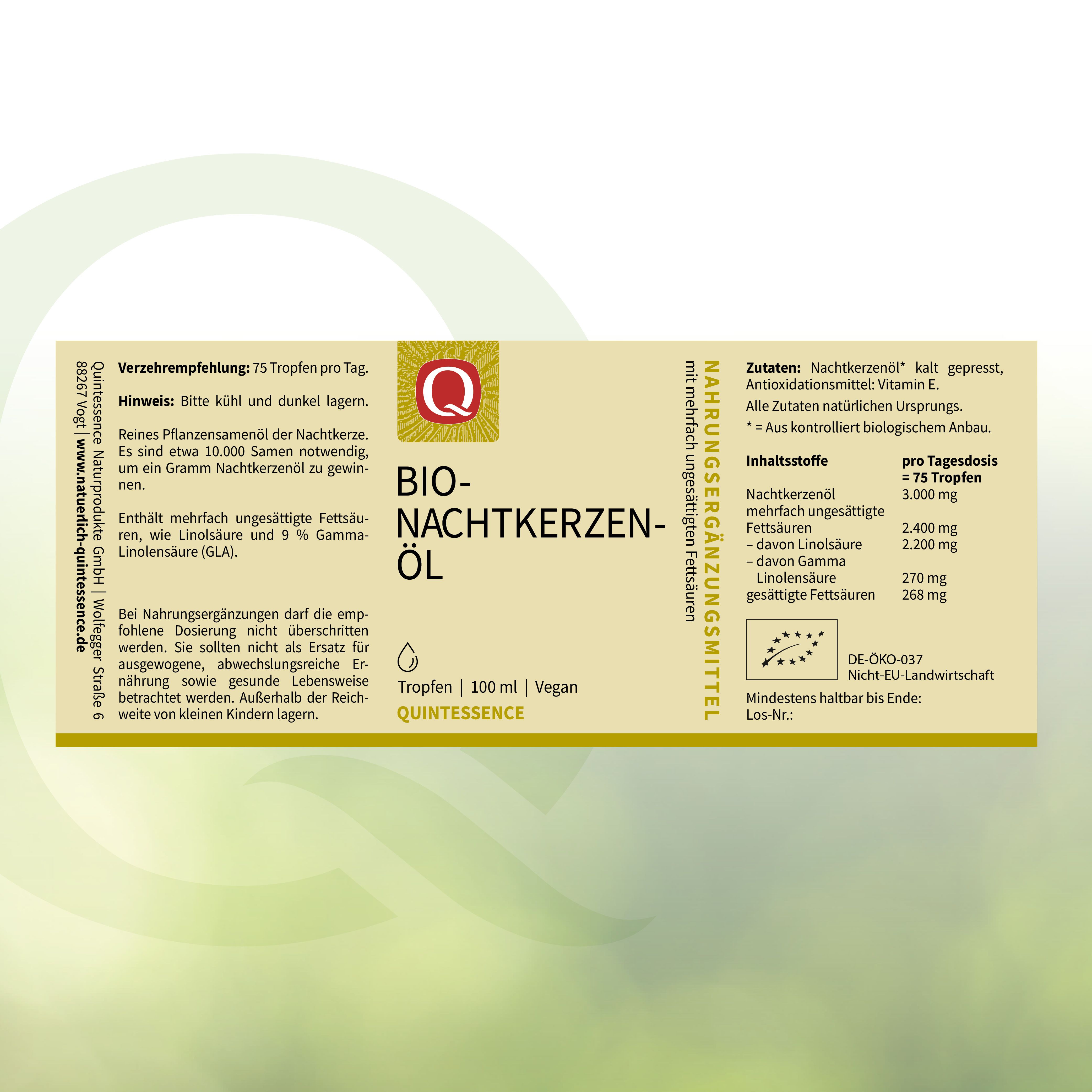 Etikett mit Text: BIO-Nachtkerzenöl, Tropfen, Vegan. Logo: Q. Text: DE-ÖKO-037. Text: Mindesthaltbar bis Ende.