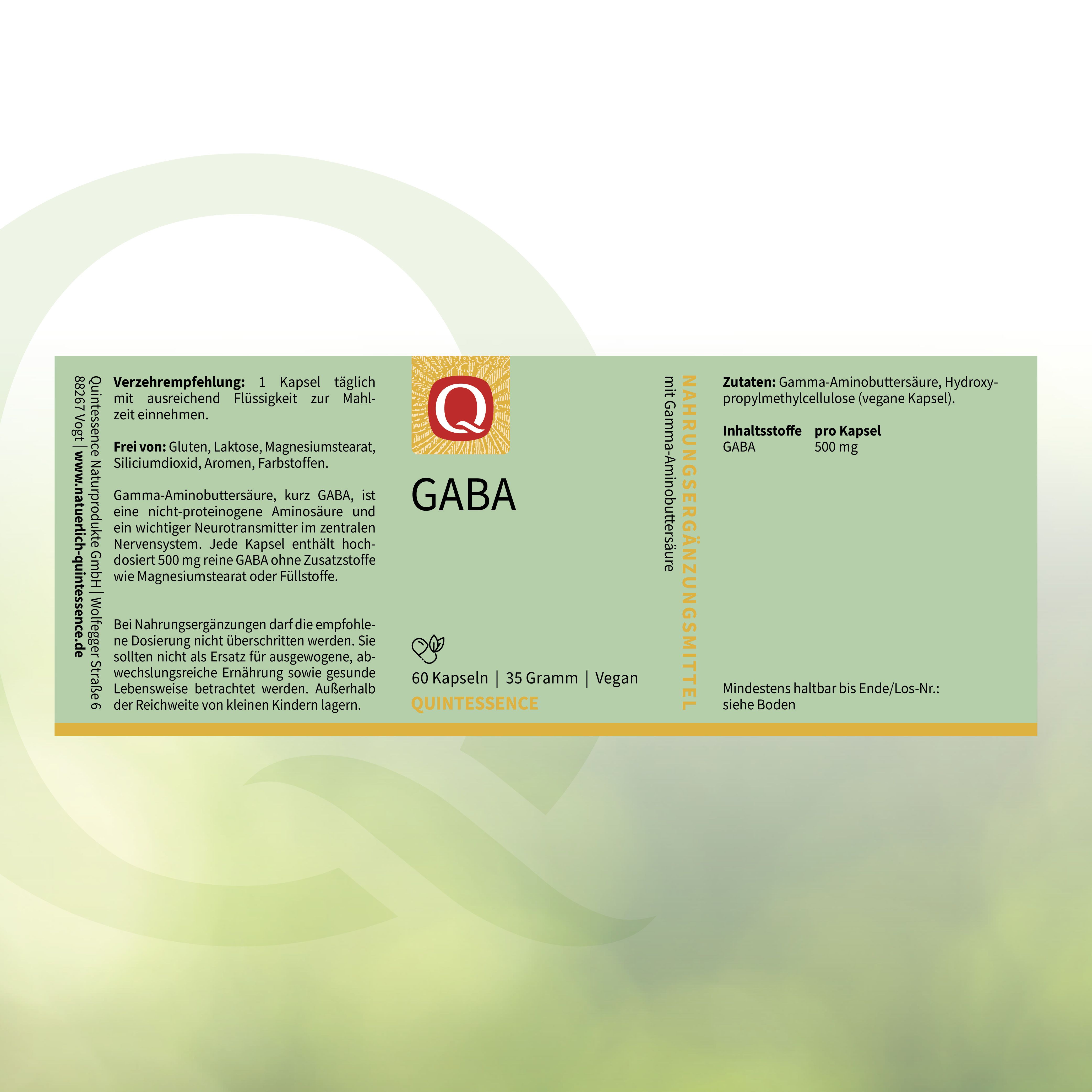 Grünes Etikett mit Text: GABA, Marke Quintessence. 60 Kapseln, 35 Gramm, Vegan. Inhaltsstoffe und Verzehrempfehlung.