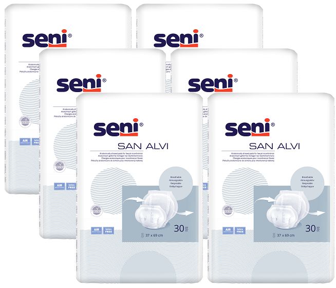 Mehrere Packungen Seni San Alvi. Weiße Verpackung mit blauem Logo und Produktbezeichnung. 37x69 cm, 30 Stück. Luftdurchlässig.