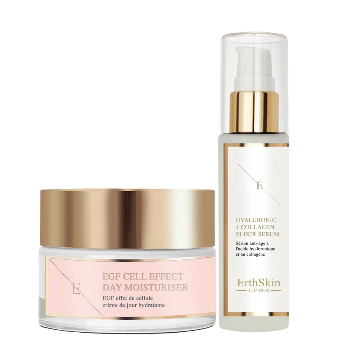 Crème en serum. Opschrift: ErthSkin London, EGF Cell Effect Day Moisturiser, Hyaluronzuur en Collageen Serum.