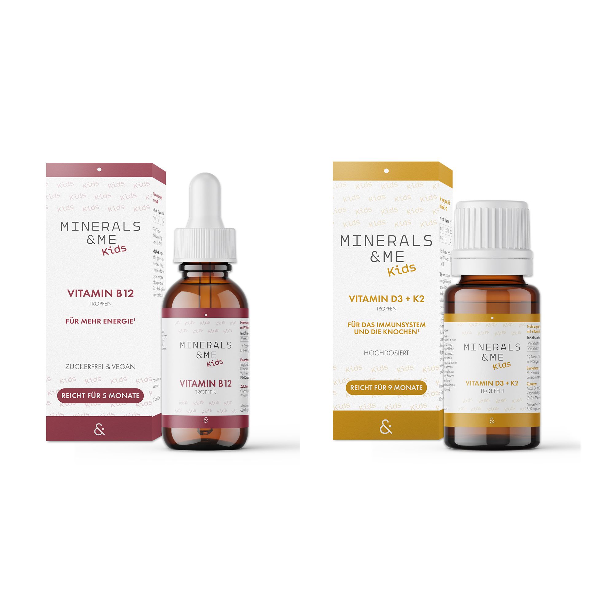MINERALS & ME Kids Vitamin B12 und Vitamin D3 + K2 Tropfen mit Faltschachteln.